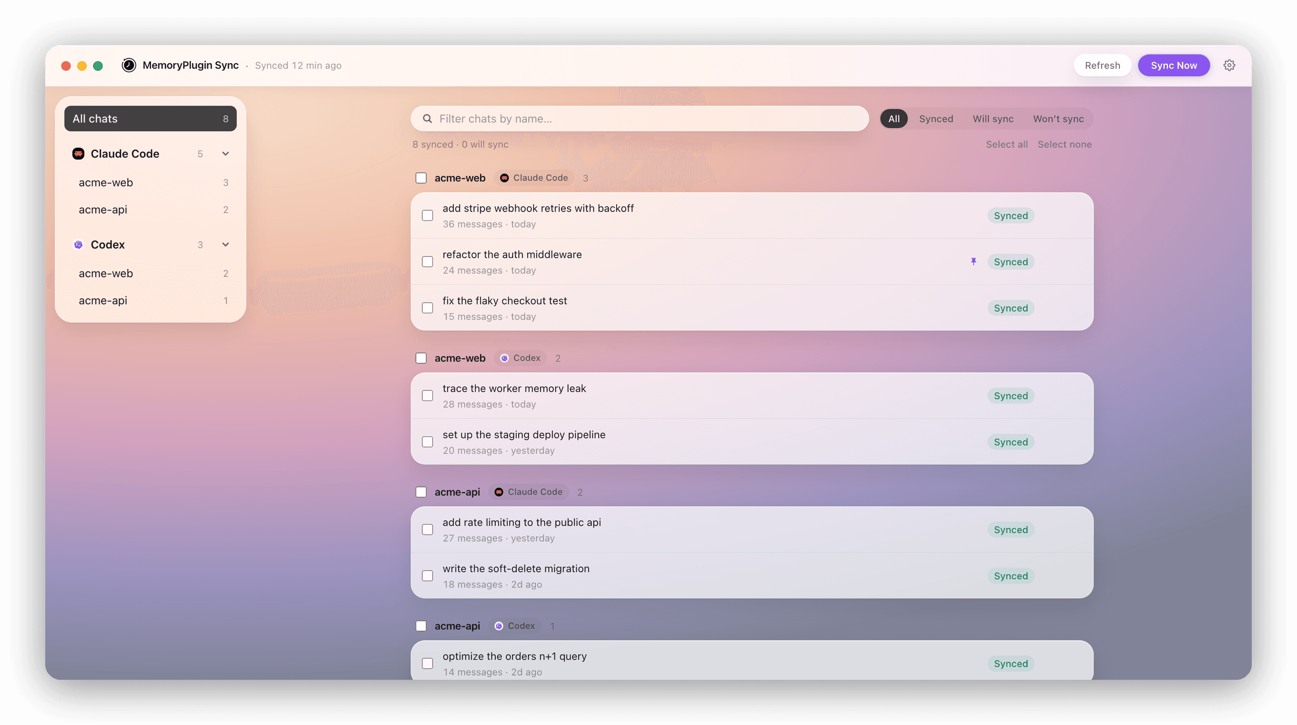 MemoryPlugin Sync: Claude Code, Codex, and Cursor conversations, organized by project and synced to your MemoryPlugin chat history